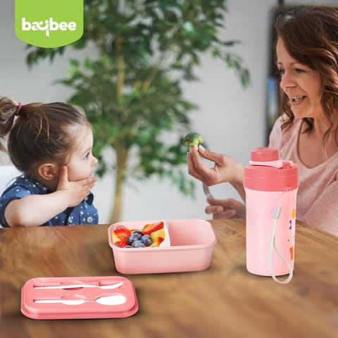 BAYBEE TiffinTote Lunch Box for School Kids Girls, Boys | BPA-Free 1050ml Lunch Box with 500ml Water Bottle with Spoon & Fork | Leak-Proof Tiffin Box with Sipper Bottle for School, Picnic (Pink)