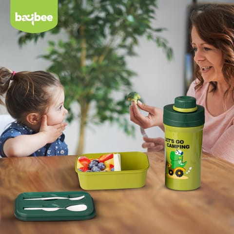 BAYBEE TiffinTote Lunch Box for School Kids Girls, Boys | BPA-Free 1050ml Lunch Box with 500ml Water Bottle with Spoon & Fork | Leak-Proof Tiffin Box with Sipper Bottle for School, Picnic (Green)