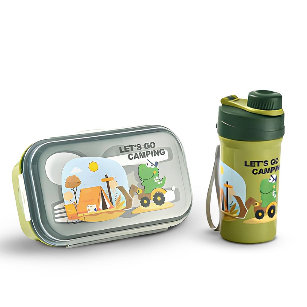 BAYBEE TiffinTote Lunch Box for School Kids Girls, Boys | BPA-Free 1050ml Lunch Box with 500ml Water Bottle with Spoon & Fork | Leak-Proof Tiffin Box with Sipper Bottle for School, Picnic (Green)