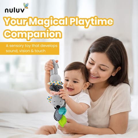 Nuluv Musical Koala Baby Stroller Toy, Soft Plush Sensory Jitter Toy with Music, Teether & Crinkle Ears, Calming Bedtime Companion, Soothing Sound & Vibration, for Babies Aged 3+ Months