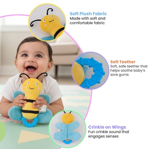 Nuluv Crinkly Bee Baby Toy, Soft Plush Crinkle Sound Toy for Kids, Bright Colors and Textures for Sensory Play, Lightweight Cuddly Bee for Babies Aged 3+ Months