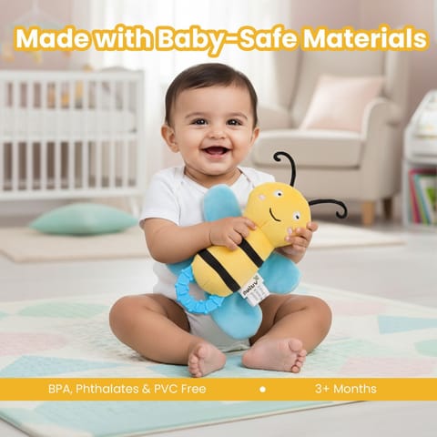 Nuluv Crinkly Bee Baby Toy, Soft Plush Crinkle Sound Toy for Kids, Bright Colors and Textures for Sensory Play, Lightweight Cuddly Bee for Babies Aged 3+ Months