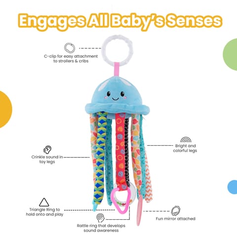 Nuluv Jelly Juno Baby Sensory Toy, Plush Jellyfish Rattle with Mirror, Teether & Crinkle Legs, Soft & Colorful Infant Development Toy for Tummy Time & Play, for Infants Aged 3+ Months