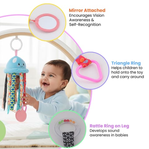 Nuluv Jelly Juno Baby Sensory Toy, Plush Jellyfish Rattle with Mirror, Teether & Crinkle Legs, Soft & Colorful Infant Development Toy for Tummy Time & Play, for Infants Aged 3+ Months