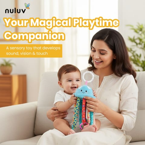 Nuluv Jelly Juno Baby Sensory Toy, Plush Jellyfish Rattle with Mirror, Teether & Crinkle Legs, Soft & Colorful Infant Development Toy for Tummy Time & Play, for Infants Aged 3+ Months