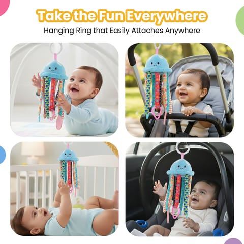Nuluv Jelly Juno Baby Sensory Toy, Plush Jellyfish Rattle with Mirror, Teether & Crinkle Legs, Soft & Colorful Infant Development Toy for Tummy Time & Play, for Infants Aged 3+ Months