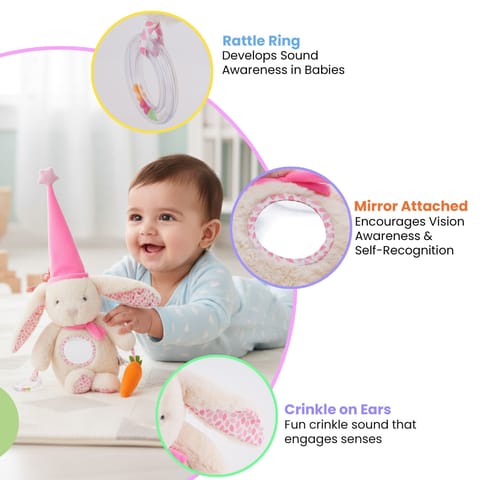 Nuluv Soft Bunny Ring Rattle Toy for Baby with Mirror & Crinkle, Early Development Sensory Toy