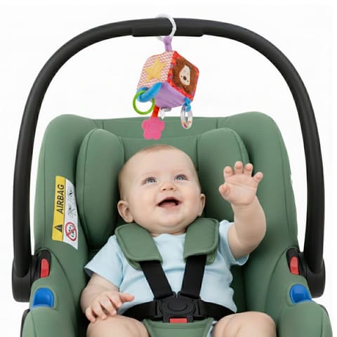 Nuluv Lion Activity Cube Rattle Ring for Baby Toy, Teether, Mirror and Crinkle Textures, Soft Sensory Development Stroller Toy, Colorful Interactive Baby Toy, for Babies 3+ Months