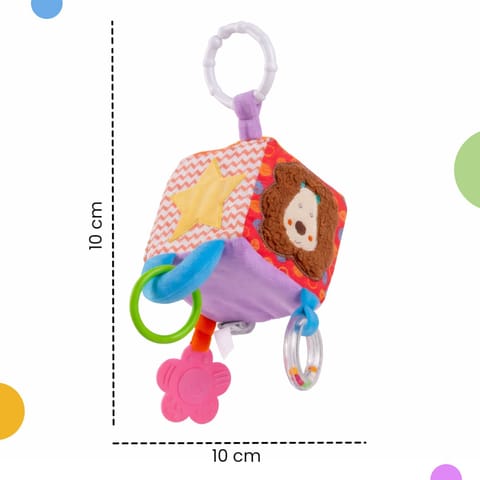 Nuluv Lion Activity Cube Rattle Ring for Baby Toy, Teether, Mirror and Crinkle Textures, Soft Sensory Development Stroller Toy, Colorful Interactive Baby Toy, for Babies 3+ Months