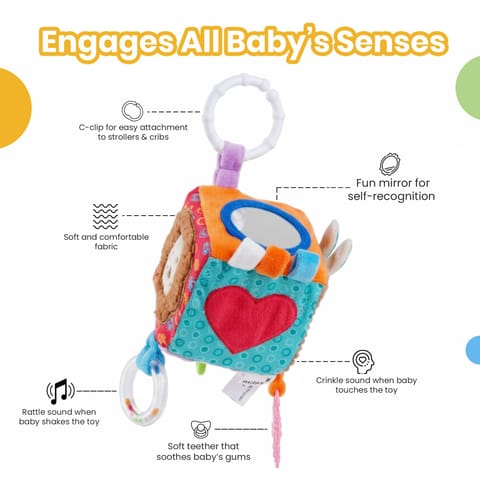 Nuluv Lion Activity Cube Rattle Ring for Baby Toy, Teether, Mirror and Crinkle Textures, Soft Sensory Development Stroller Toy, Colorful Interactive Baby Toy, for Babies 3+ Months