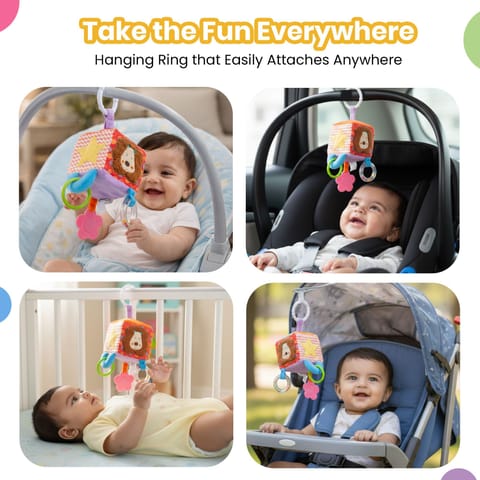 Nuluv Lion Activity Cube Rattle Ring for Baby Toy, Teether, Mirror and Crinkle Textures, Soft Sensory Development Stroller Toy, Colorful Interactive Baby Toy, for Babies 3+ Months