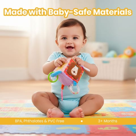 Nuluv Lion Activity Cube Rattle Ring for Baby Toy, Teether, Mirror and Crinkle Textures, Soft Sensory Development Stroller Toy, Colorful Interactive Baby Toy, for Babies 3+ Months