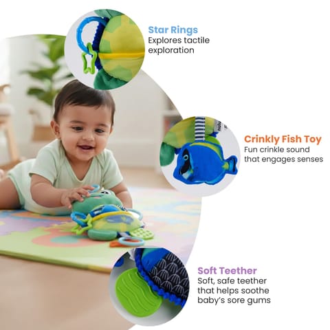 Nuluv Activity Toad Baby Toy, Crinkle Fish, Baby-Safe Mirror, Teethers and Sensory, Stroller Toy for Babies, Lightweight and Interactive Soft Toy, for Babies 3+ Months