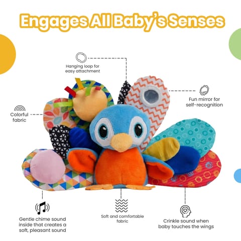 Activity Peacock Soft Stroller Toy for Babies, Crinkle Sound, Rattle and Teether, Sensory Development Toy, Baby-Safe Activity Toy for Touch, Hearing and Teething, for Babies 3+ Months