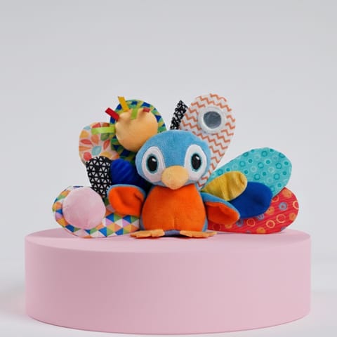 Activity Peacock Soft Stroller Toy for Babies, Crinkle Sound, Rattle and Teether, Sensory Development Toy, Baby-Safe Activity Toy for Touch, Hearing and Teething, for Babies 3+ Months