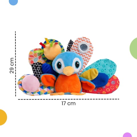 Activity Peacock Soft Stroller Toy for Babies, Crinkle Sound, Rattle and Teether, Sensory Development Toy, Baby-Safe Activity Toy for Touch, Hearing and Teething, for Babies 3+ Months