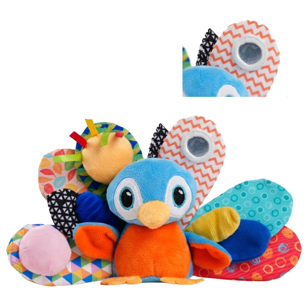 Activity Peacock Soft Stroller Toy for Babies, Crinkle Sound, Rattle and Teether, Sensory Development Toy, Baby-Safe Activity Toy for Touch, Hearing and Teething, for Babies 3+ Months