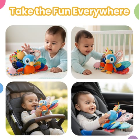Activity Peacock Soft Stroller Toy for Babies, Crinkle Sound, Rattle and Teether, Sensory Development Toy, Baby-Safe Activity Toy for Touch, Hearing and Teething, for Babies 3+ Months
