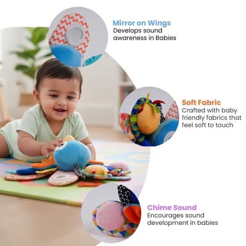 Activity Peacock Soft Stroller Toy for Babies, Crinkle Sound, Rattle and Teether, Sensory Development Toy, Baby-Safe Activity Toy for Touch, Hearing and Teething, for Babies 3+ Months