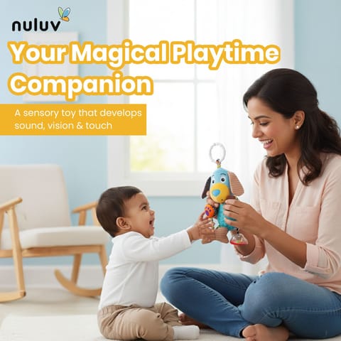 Nuluv Play Puppy Soft Toy for Babies, Plush Rattle Toy with Crinkle Sound and Attached Bone, Baby-Safe Sensory Toy, Lightweight and Cuddly Playtime Companion, for Babies 3+ Months