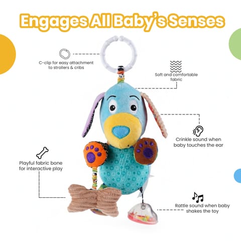 Nuluv Play Puppy Soft Toy for Babies, Plush Rattle Toy with Crinkle Sound and Attached Bone, Baby-Safe Sensory Toy, Lightweight and Cuddly Playtime Companion, for Babies 3+ Months