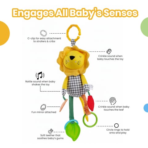 Nuluv Lino Rattle Buddy, Soft Plush Sensory Toy with Rattle, Crinkle Sound, Teether and Baby-Safe Mirror, Lightweight and Easy to Hold, for Babies 3+ Months