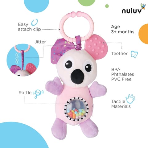 Nuluv Infant Koala Jittery Teether Rattle Plush Toy, Hanging Rattle, Stroller Toy with Tactile Material for Baby 3 Months+,Multicolor