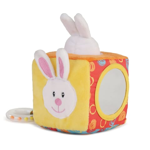 Nuluv Infant Plush Bunny Cube Early Learning Activity Play Toy with Squeaky Crinkle Rattle for Baby 3 Months+,Multicolor