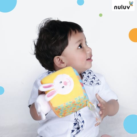 Nuluv Infant Plush Bunny Cube Early Learning Activity Play Toy with Squeaky Crinkle Rattle for Baby 3 Months+,Multicolor