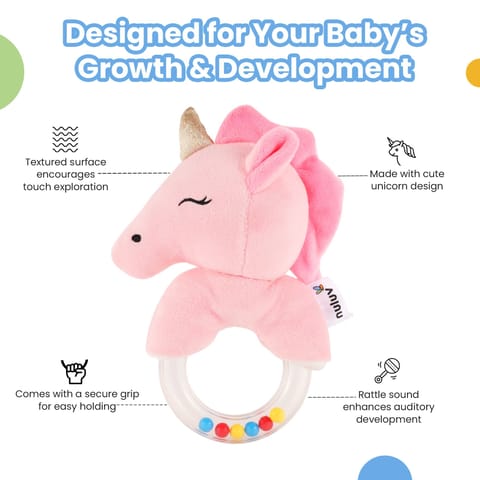 Nuluv Unicorn Ring Rattle Toy, Soft Toy with Rattle Sound, Ring Rattle for Babies and Infants, Develops Sight, Sound and Motor Skills, Lightweight and Portable, Non-Toxic, for Babies 3+ Months