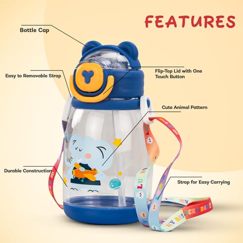 BAYBEE CuddleCup Sipper Water Bottle with Straw for Kids | Leak Proof Sippy Water Bottle with Adjustable Strap | BPA Free & Non-Toxic 600ml | Drinking Sipper for School Kids Boys Girls (Blue)