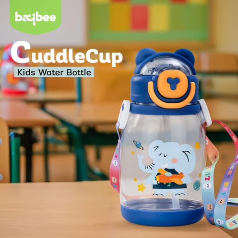 BAYBEE CuddleCup Sipper Water Bottle with Straw for Kids | Leak Proof Sippy Water Bottle with Adjustable Strap | BPA Free & Non-Toxic 600ml | Drinking Sipper for School Kids Boys Girls (Blue)