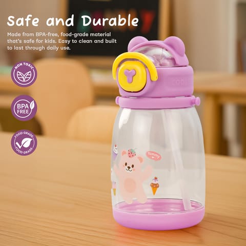 BAYBEE CuddleCup Sipper Water Bottle with Straw for Kids | Leak Proof Sippy Water Bottle with Adjustable Strap | BPA Free & Non-Toxic 600ml | Drinking Sipper for School Kids Boys Girls (Purple)