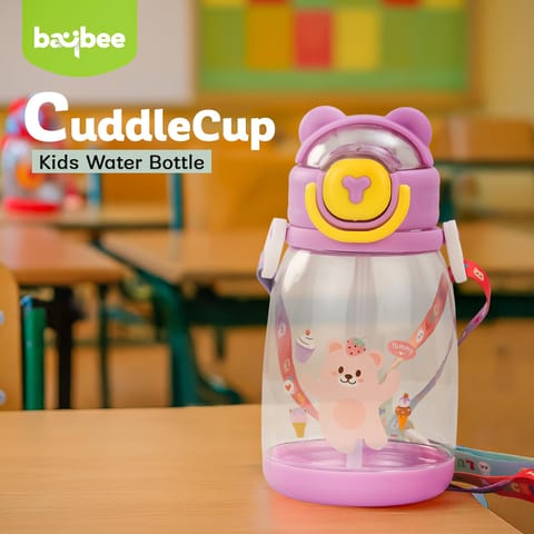 BAYBEE CuddleCup Sipper Water Bottle with Straw for Kids | Leak Proof Sippy Water Bottle with Adjustable Strap | BPA Free & Non-Toxic 600ml | Drinking Sipper for School Kids Boys Girls (Purple)