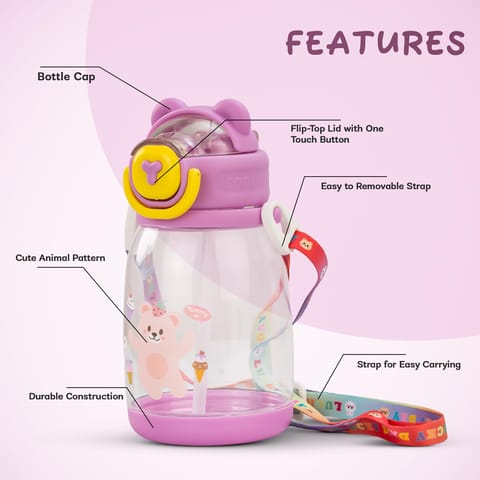BAYBEE CuddleCup Sipper Water Bottle with Straw for Kids | Leak Proof Sippy Water Bottle with Adjustable Strap | BPA Free & Non-Toxic 600ml | Drinking Sipper for School Kids Boys Girls (Purple)