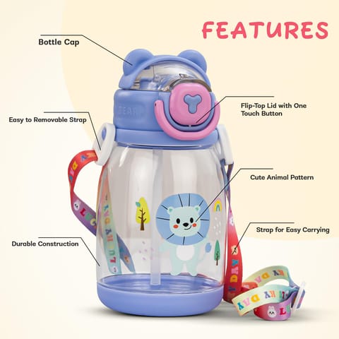BAYBEE CuddleCup Sipper Water Bottle with Straw for Kids | Leak Proof Sippy Water Bottle with Adjustable Strap | BPA Free & Non-Toxic 600ml | Drinking Sipper for School Kids Boys Girls (Light Blue)