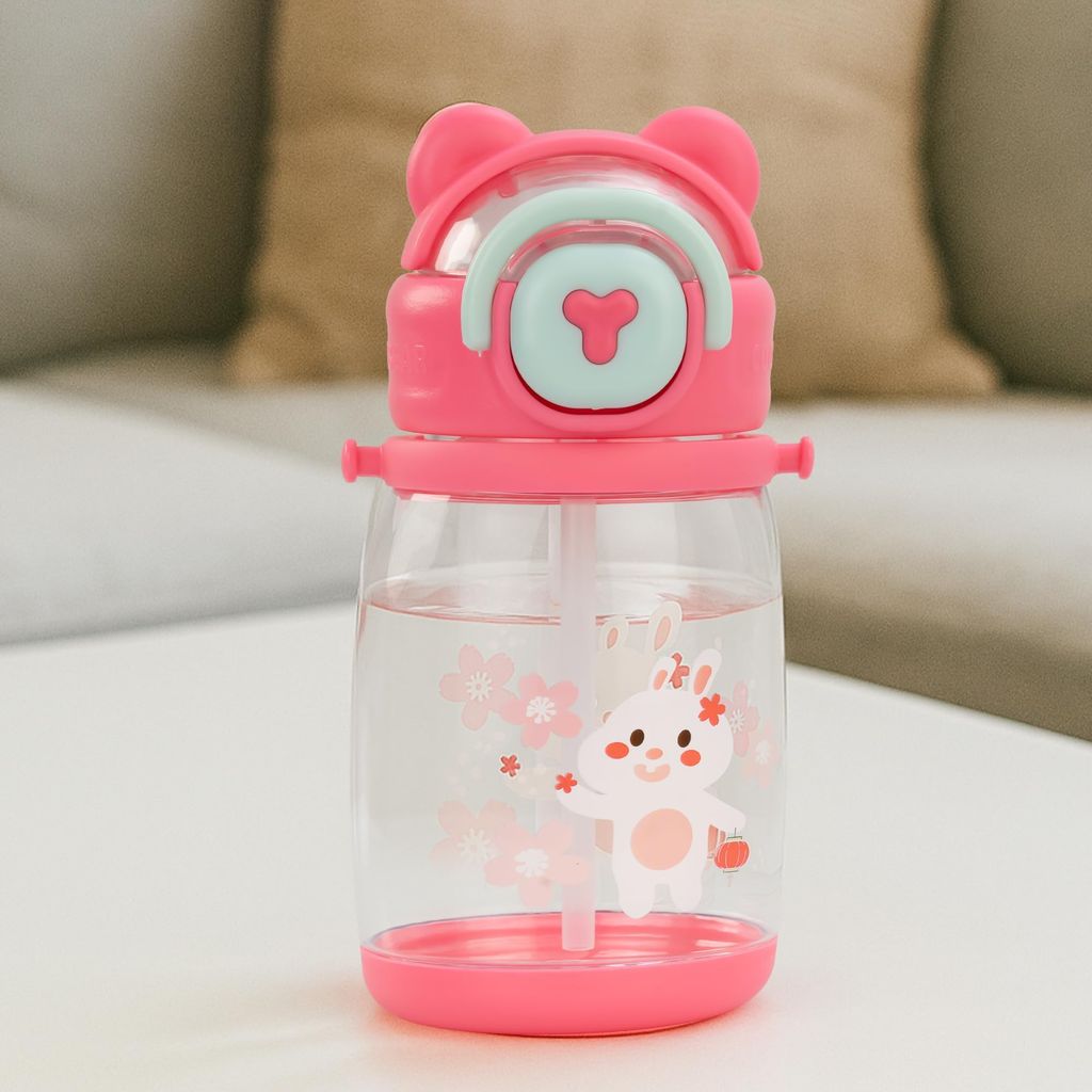 BAYBEE CuddleCup Sipper Water Bottle with Straw for Kids | Leak Proof Sippy Water Bottle with Adjustable Strap | BPA Free & Non-Toxic 600ml | Drinking Sipper for School Kids Boys Girls (Pink)