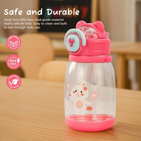 BAYBEE CuddleCup Sipper Water Bottle with Straw for Kids | Leak Proof Sippy Water Bottle with Adjustable Strap | BPA Free & Non-Toxic 600ml | Drinking Sipper for School Kids Boys Girls (Pink)