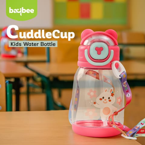 BAYBEE CuddleCup Sipper Water Bottle with Straw for Kids | Leak Proof Sippy Water Bottle with Adjustable Strap | BPA Free & Non-Toxic 600ml | Drinking Sipper for School Kids Boys Girls (Pink)