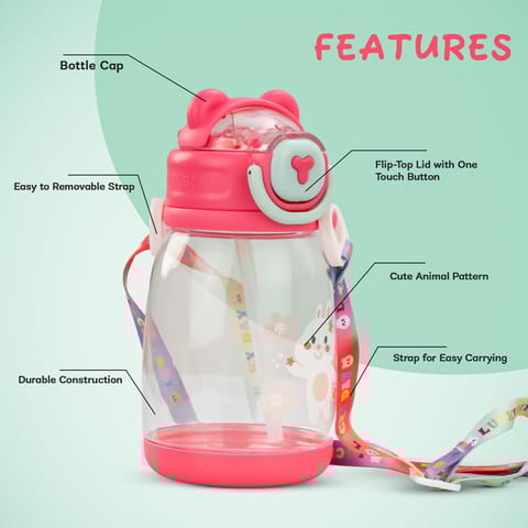 BAYBEE CuddleCup Sipper Water Bottle with Straw for Kids | Leak Proof Sippy Water Bottle with Adjustable Strap | BPA Free & Non-Toxic 600ml | Drinking Sipper for School Kids Boys Girls (Pink)