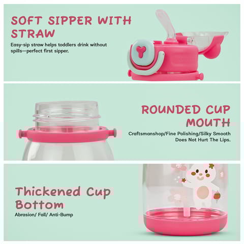BAYBEE CuddleCup Sipper Water Bottle with Straw for Kids | Leak Proof Sippy Water Bottle with Adjustable Strap | BPA Free & Non-Toxic 600ml | Drinking Sipper for School Kids Boys Girls (Pink)