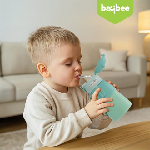 Baybee Cubby Baby Sipper Water Bottle with Soft Silicone Straw & Adjustable Strap | Spill-Proof & BPA Free Stainless Steel Insulated Safe Sipper Water Bottle for Kids 6+ Months Babies,Toddlers (Green)