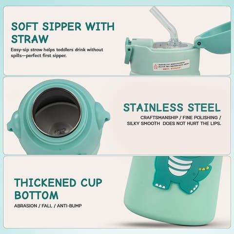 Baybee Cubby Baby Sipper Water Bottle with Soft Silicone Straw & Adjustable Strap | Spill-Proof & BPA Free Stainless Steel Insulated Safe Sipper Water Bottle for Kids 6+ Months Babies,Toddlers (Green)