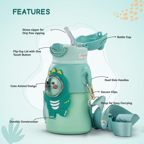 Baybee Cubby Baby Sipper Water Bottle with Soft Silicone Straw & Adjustable Strap | Spill-Proof & BPA Free Stainless Steel Insulated Safe Sipper Water Bottle for Kids 6+ Months Babies,Toddlers (Green)