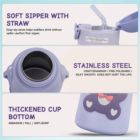Baybee Cubby Baby Sipper Water Bottle with Soft Silicone Straw & Adjustable Strap | Spill-Proof & BPA Free Stainless Steel Insulated Safe Sipper Water Bottle for Kids 6+ Months Babies,Toddlers(Purple)