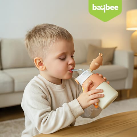 Baybee Cubby Baby Sipper Water Bottle with Soft Silicone Straw & Adjustable Strap | Spill-Proof & BPA Free Stainless Steel Insulated Safe Sipper Water Bottle for Kids 6+ Months Babies,Toddlers(Orange)