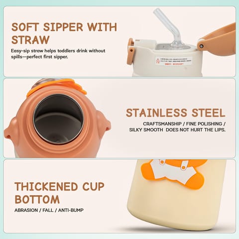 Baybee Cubby Baby Sipper Water Bottle with Soft Silicone Straw & Adjustable Strap | Spill-Proof & BPA Free Stainless Steel Insulated Safe Sipper Water Bottle for Kids 6+ Months Babies,Toddlers(Orange)