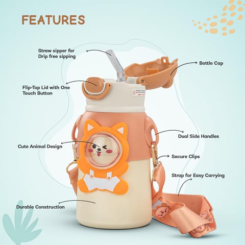 Baybee Cubby Baby Sipper Water Bottle with Soft Silicone Straw & Adjustable Strap | Spill-Proof & BPA Free Stainless Steel Insulated Safe Sipper Water Bottle for Kids 6+ Months Babies,Toddlers(Orange)