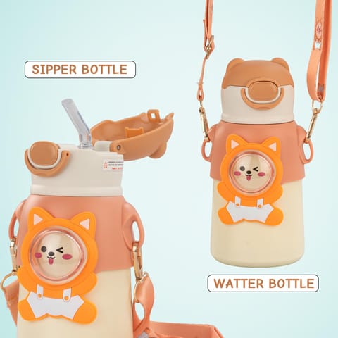 Baybee Cubby Baby Sipper Water Bottle with Soft Silicone Straw & Adjustable Strap | Spill-Proof & BPA Free Stainless Steel Insulated Safe Sipper Water Bottle for Kids 6+ Months Babies,Toddlers(Orange)