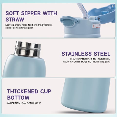 Baybee Cubby Baby Sipper Water Bottle with Soft Silicone Straw & Adjustable Strap | Spill-Proof & BPA Free Stainless Steel Insulated Safe Sipper Water Bottle for Kids 6+ Months Babies, Toddlers (Blue)